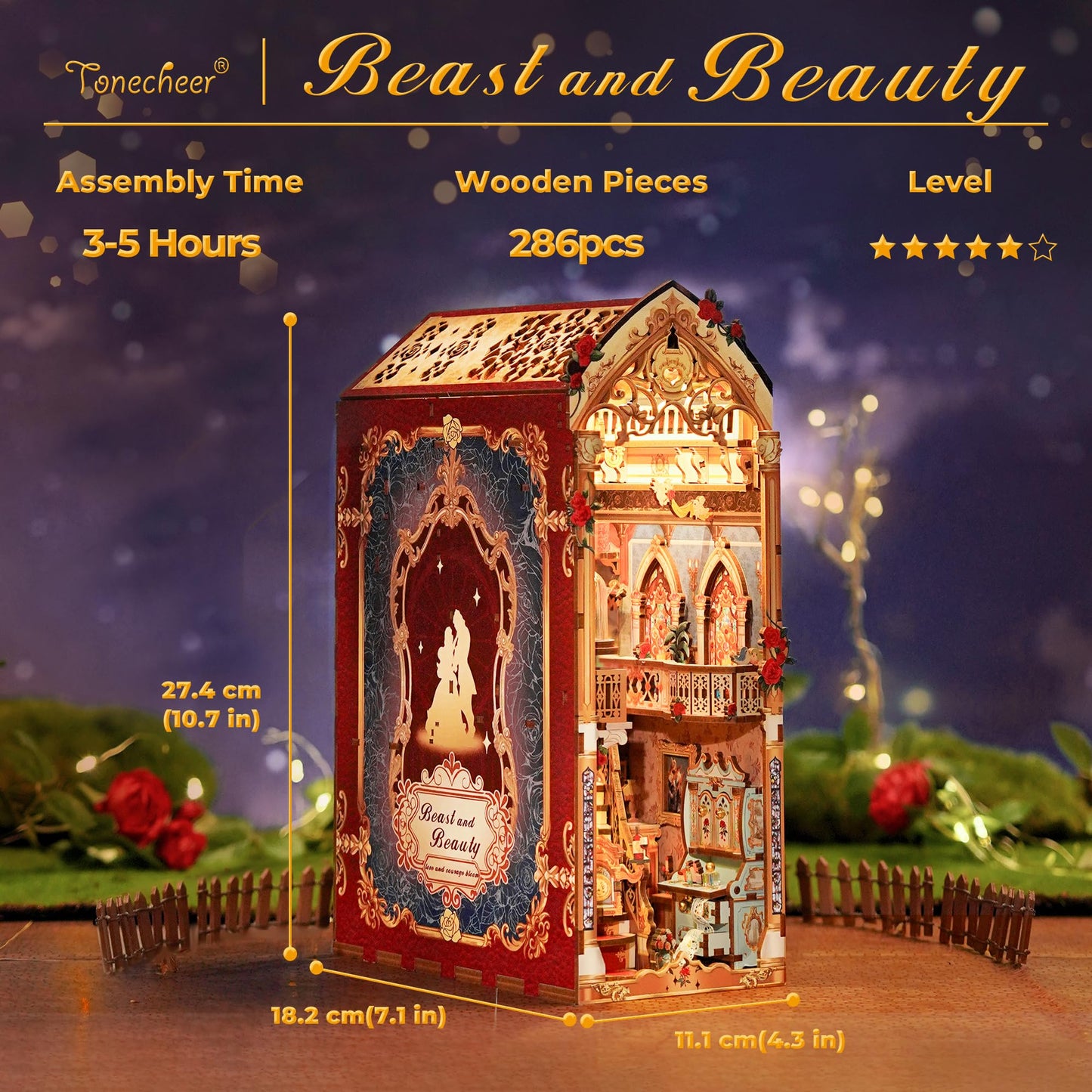 Tonecheer DIY Book Nook Kit for Adults – Beast and Beauty 3D Wooden Puzzle with LED Lights
