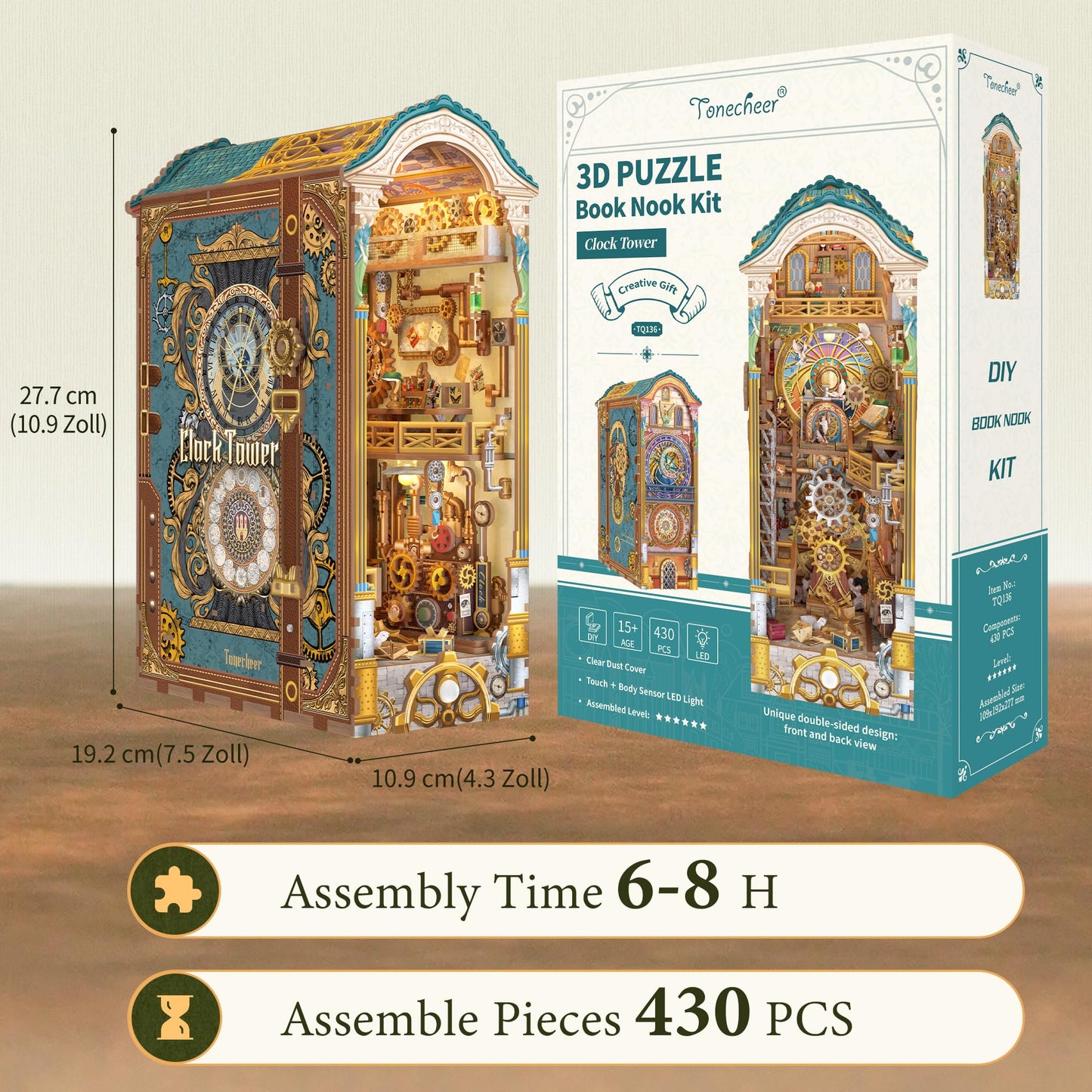 Tonecheer Clock Tower Book Nook Kit – DIY 3D Wooden Puzzle with LED Lights