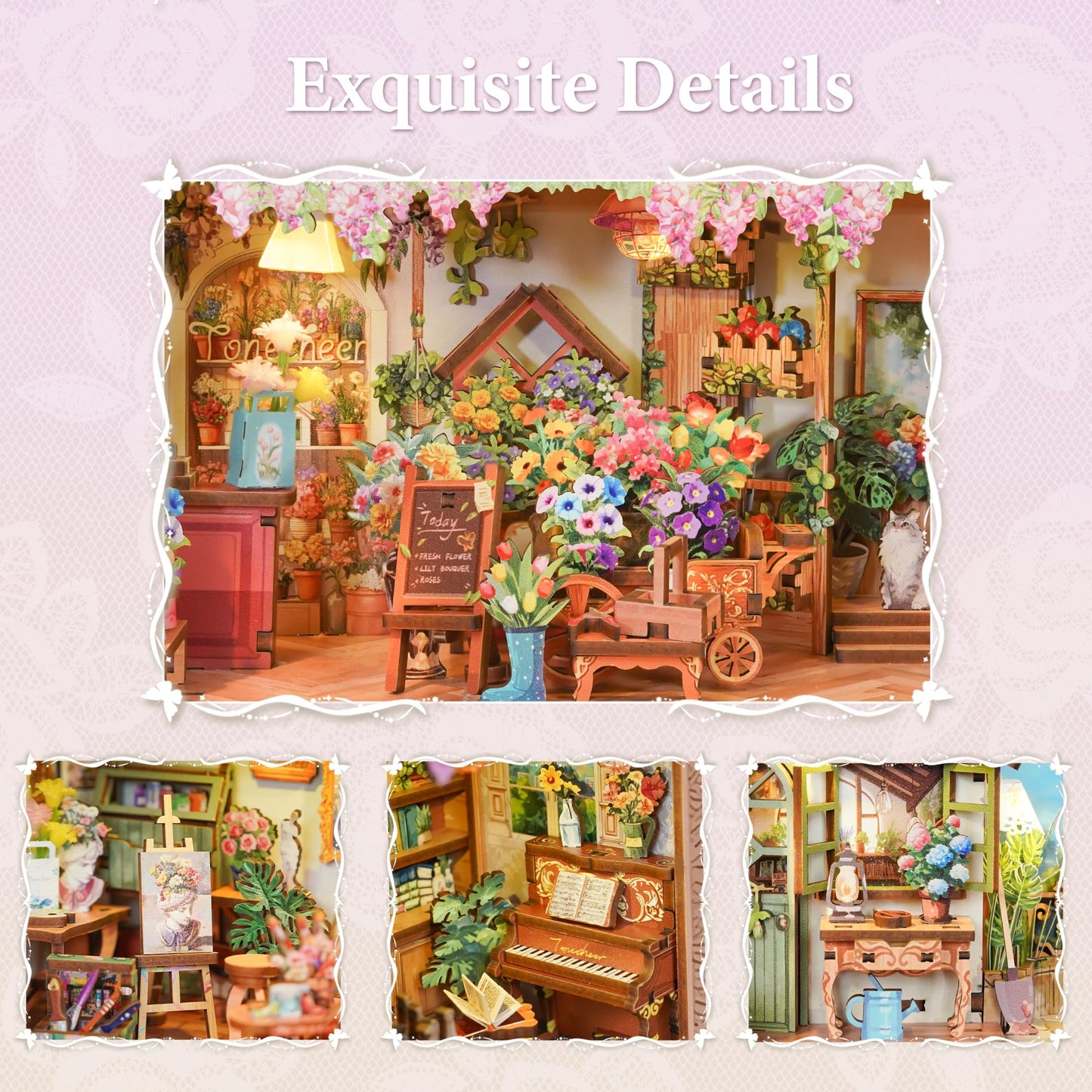 Tonecheer DIY Miniature House Kit – Blossom Time Book Nook with LED, Dust Cover, Wall Mount
