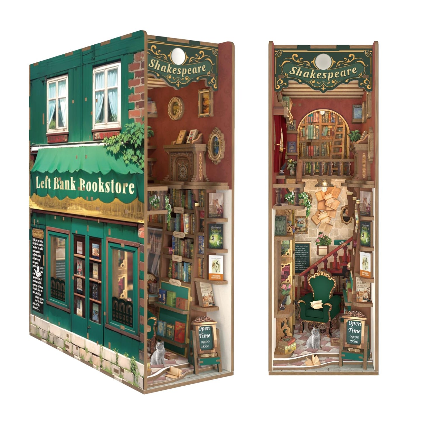 Tonecheer DIY Book Nook Kit for Adults – 3D Wooden Bookend with Sensor LED Light (Left Bank Bookstore)