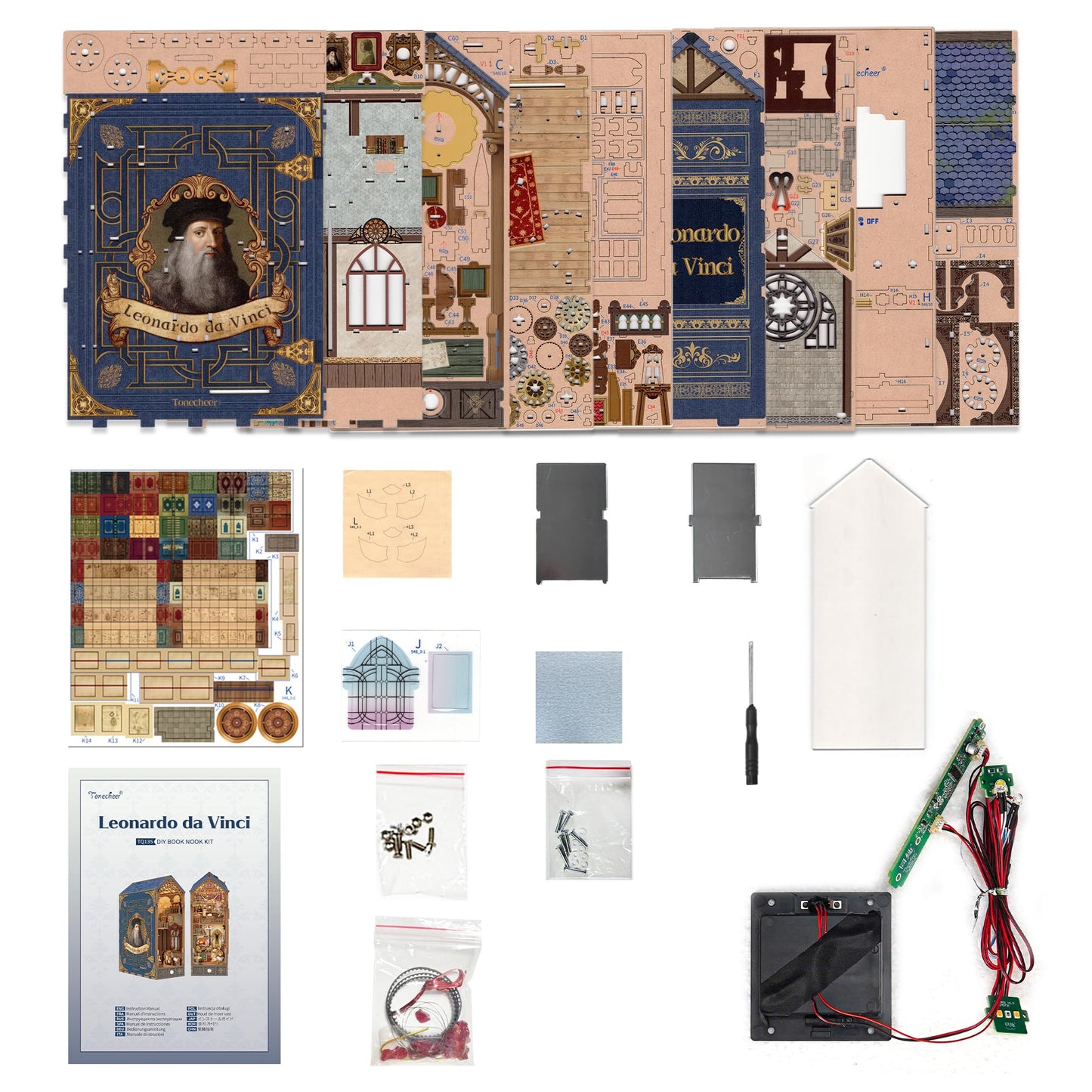 Tonecheer DIY Book Nook Kit – Leonardo da Vinci Edition | 3D Wooden Miniature House with LED Lights
