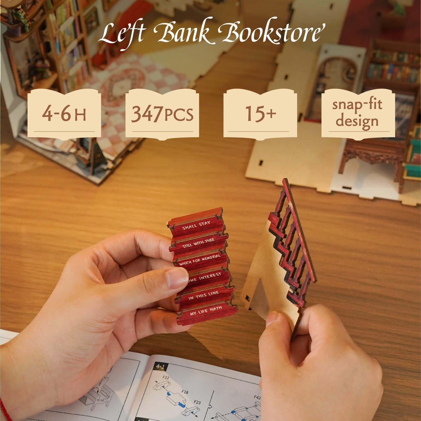 Tonecheer DIY Book Nook Kit for Adults – 3D Wooden Bookend with Sensor LED Light (Left Bank Bookstore)