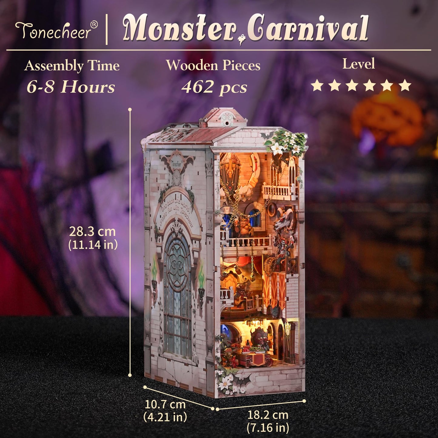 Tonecheer DIY Book Nook Kit for Adults - Monster Carnival Double-Sided 3D Puzzle Bookend with LED Light