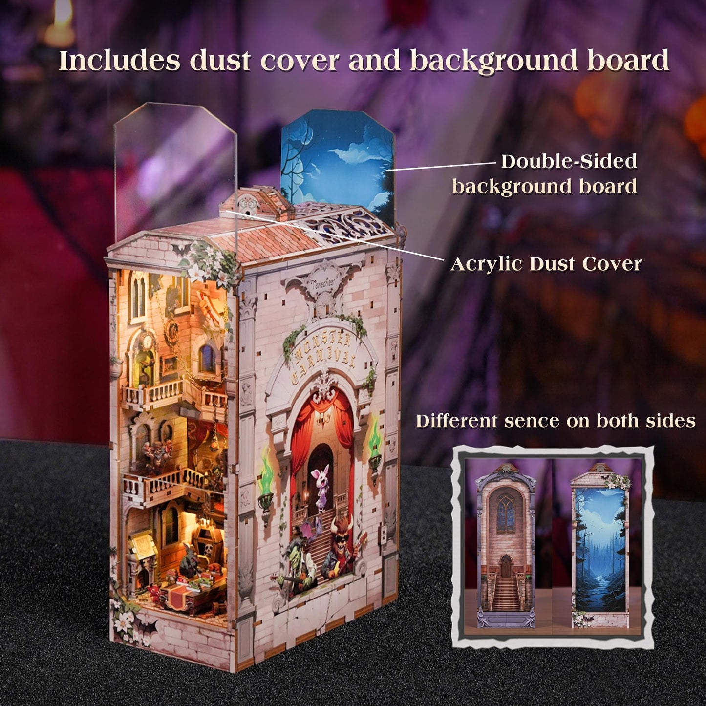 Tonecheer DIY Book Nook Kit for Adults - Monster Carnival Double-Sided 3D Puzzle Bookend with LED Light
