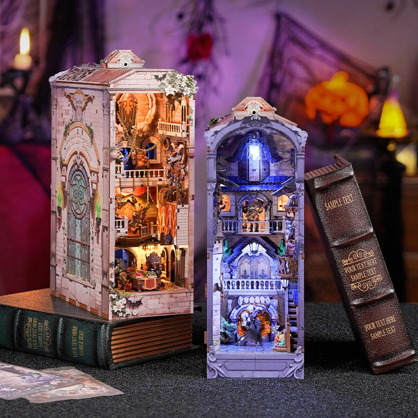 Tonecheer DIY Book Nook Kit for Adults - Monster Carnival Double-Sided 3D Puzzle Bookend with LED Light
