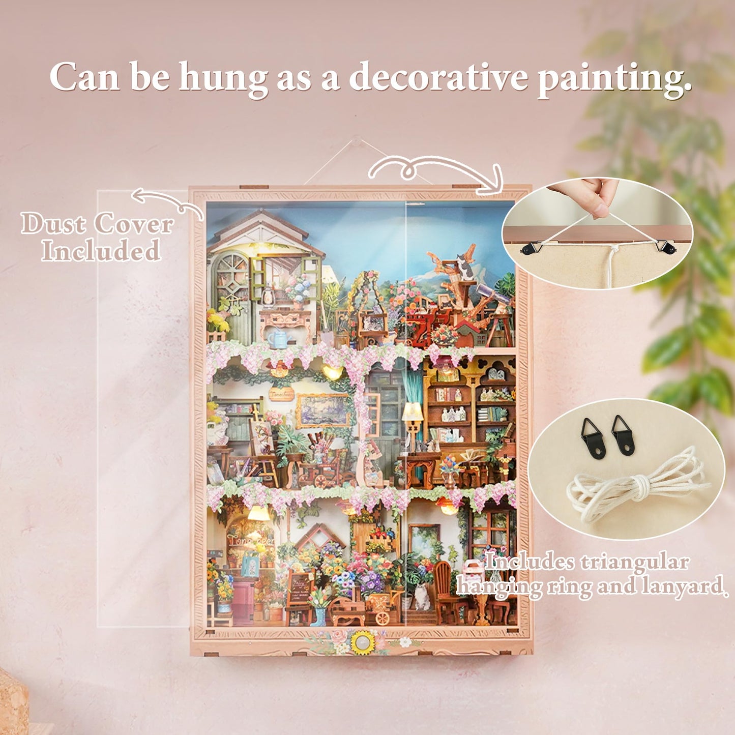 Tonecheer DIY Miniature House Kit – Blossom Time Book Nook with LED, Dust Cover, Wall Mount