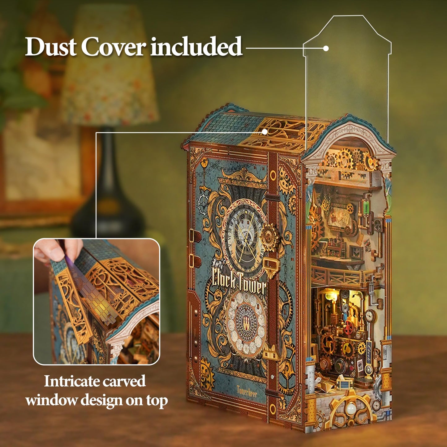 Tonecheer Clock Tower Book Nook Kit – DIY 3D Wooden Puzzle with LED Lights