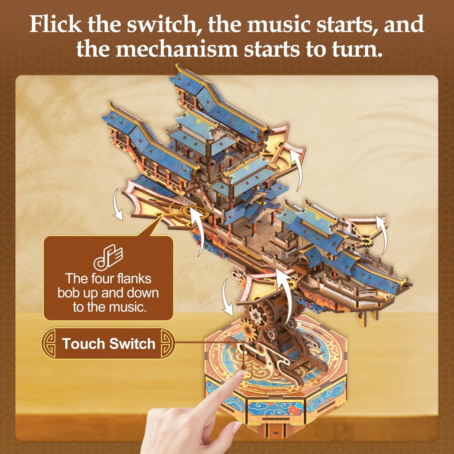 Tonecheer 3D Wooden Puzzle for Adults – Wind Voyager Airship Kit with Music, DIY Japanese Ship Model