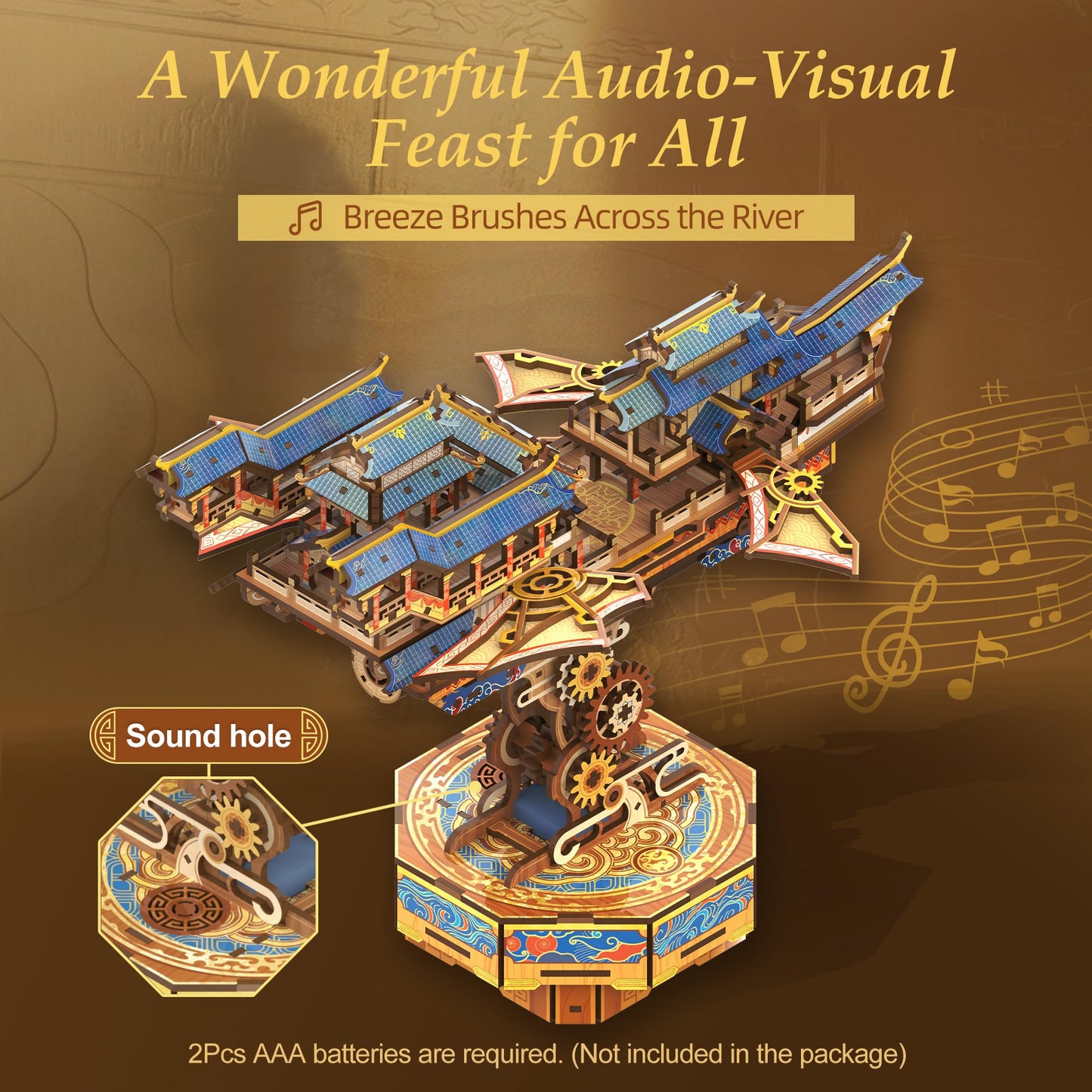 Tonecheer 3D Wooden Puzzle for Adults – Wind Voyager Airship Kit with Music, DIY Japanese Ship Model
