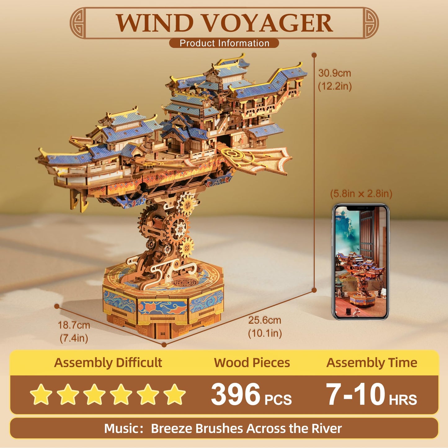 Tonecheer 3D Wooden Puzzle for Adults – Wind Voyager Airship Kit with Music, DIY Japanese Ship Model