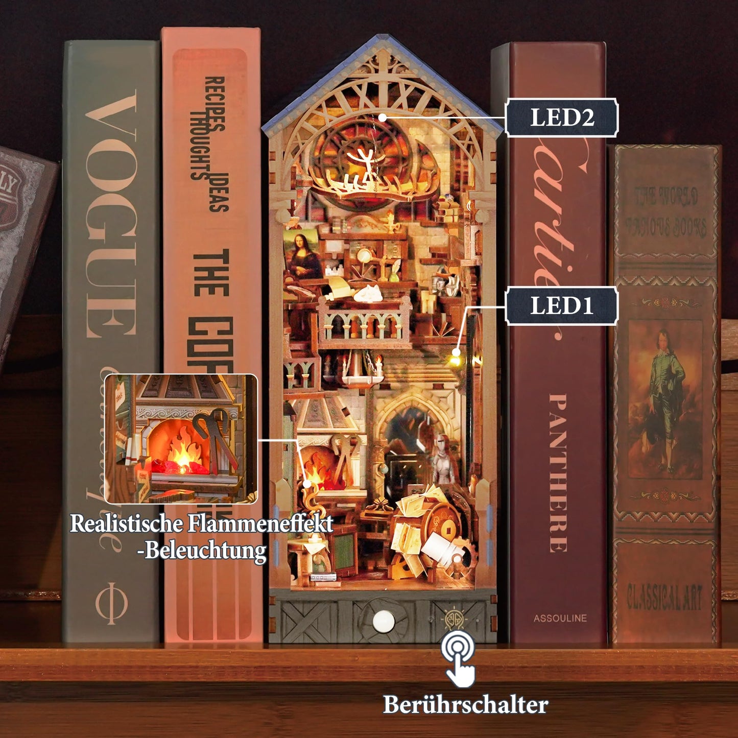Tonecheer DIY Book Nook Kit – Leonardo da Vinci Edition | 3D Wooden Miniature House with LED Lights