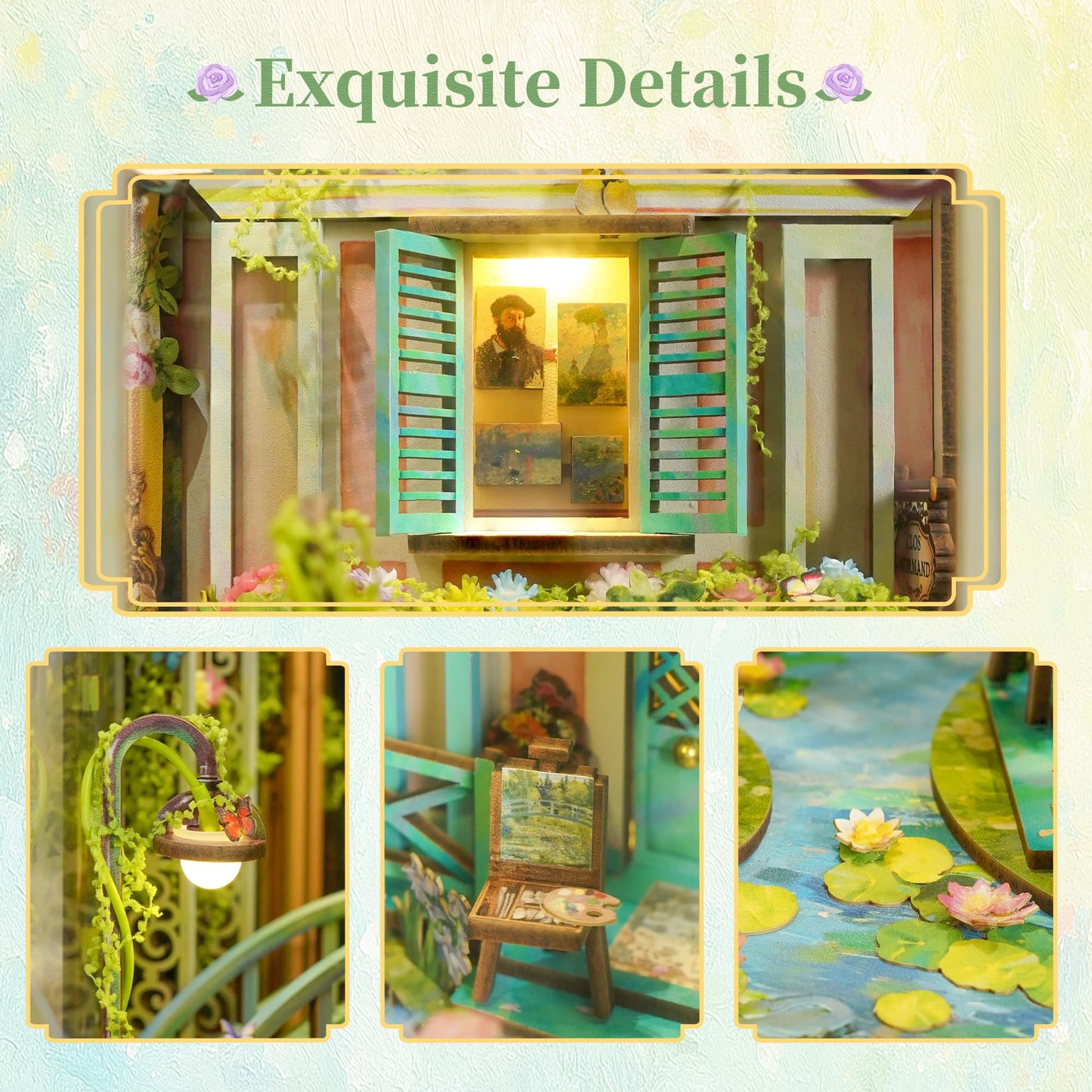 Tonecheer DIY Book Nook Kit for Adults – Giverny Garden 3D Wooden Dollhouse with LED Lights