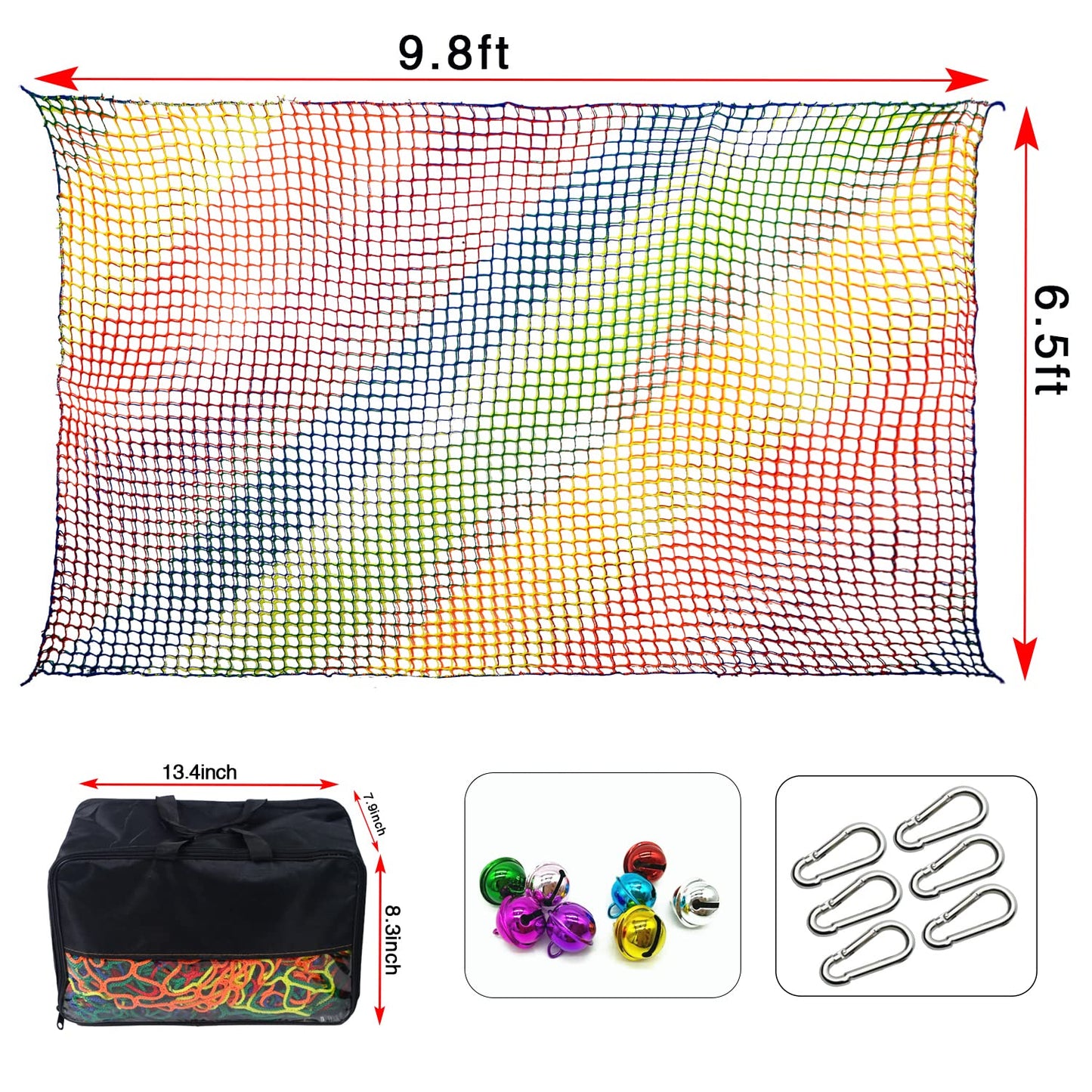Tongmo Climbing Cargo Net — 6.5' x 9.8' Double-Layer Playground Safety Net with Storage Bag & Carabiners