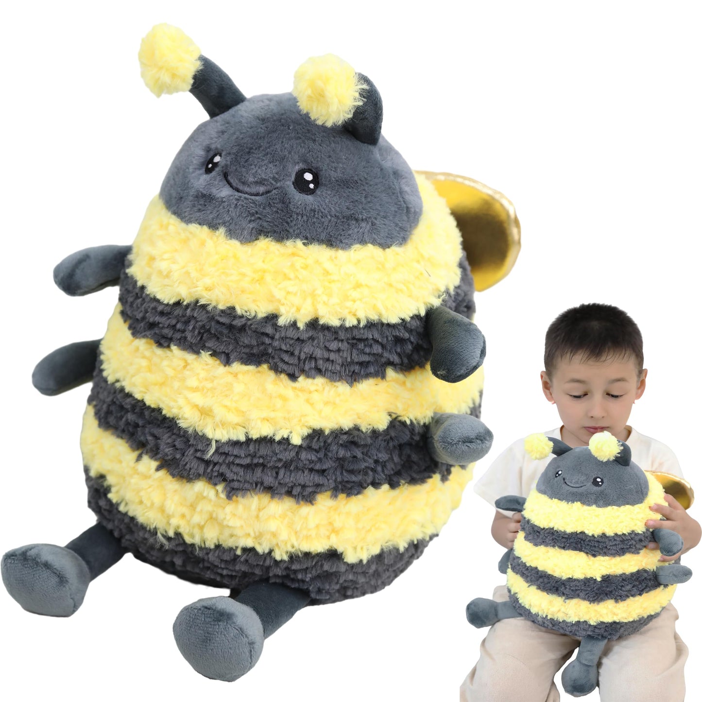 TONGSONG 12-Inch Fuzzy Bumblebee Plush Pillow with Golden Wings
