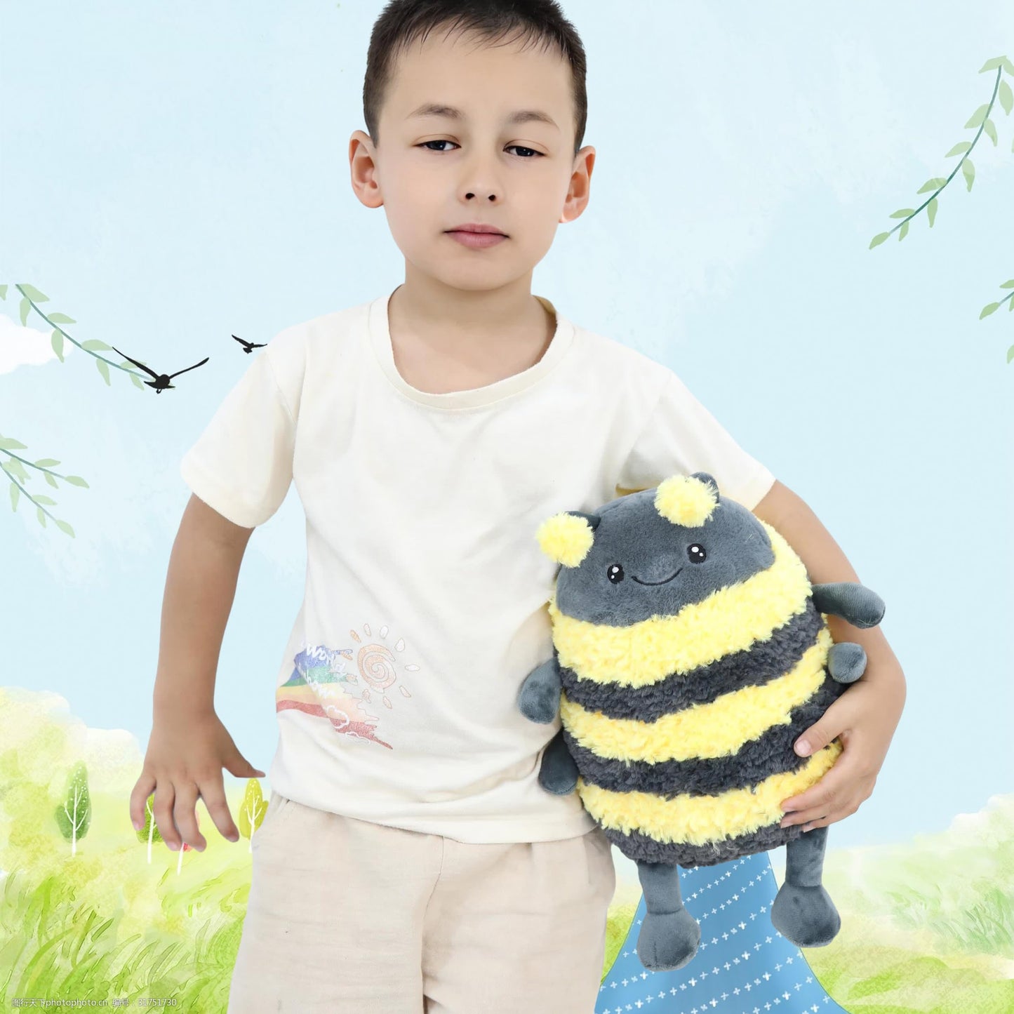 TONGSONG 12-Inch Fuzzy Bumblebee Plush Pillow with Golden Wings
