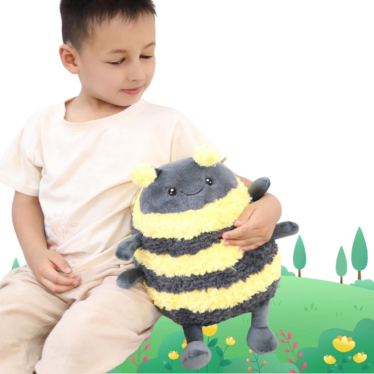 TONGSONG 12-Inch Fuzzy Bumblebee Plush Pillow with Golden Wings