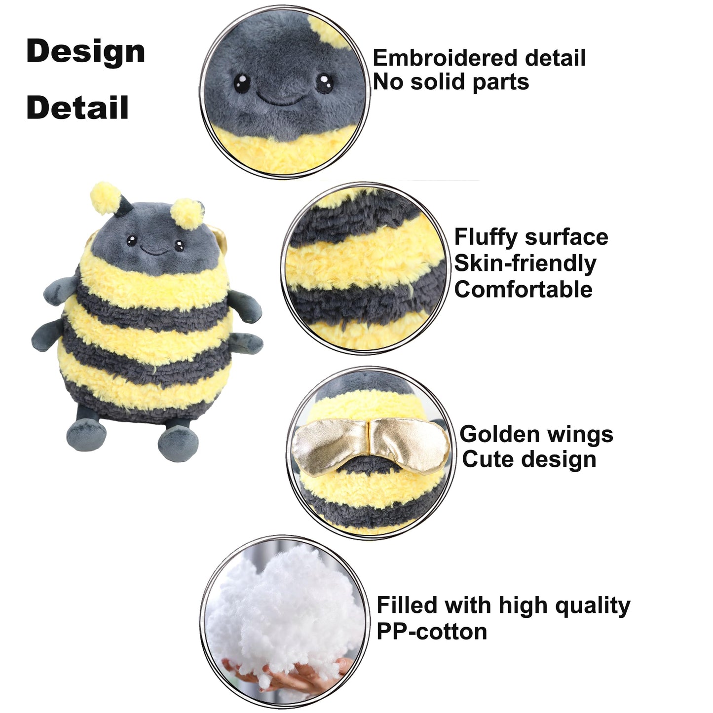 TONGSONG 12-Inch Fuzzy Bumblebee Plush Pillow with Golden Wings