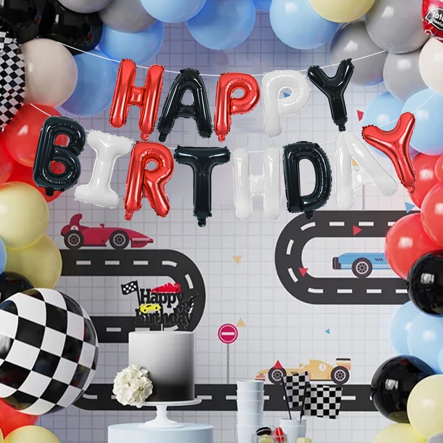 TONIFUL Happy Birthday Balloons Banner with Ribbon Straw – 16-Inch Foil Letter Bunting (Red, Black & White)