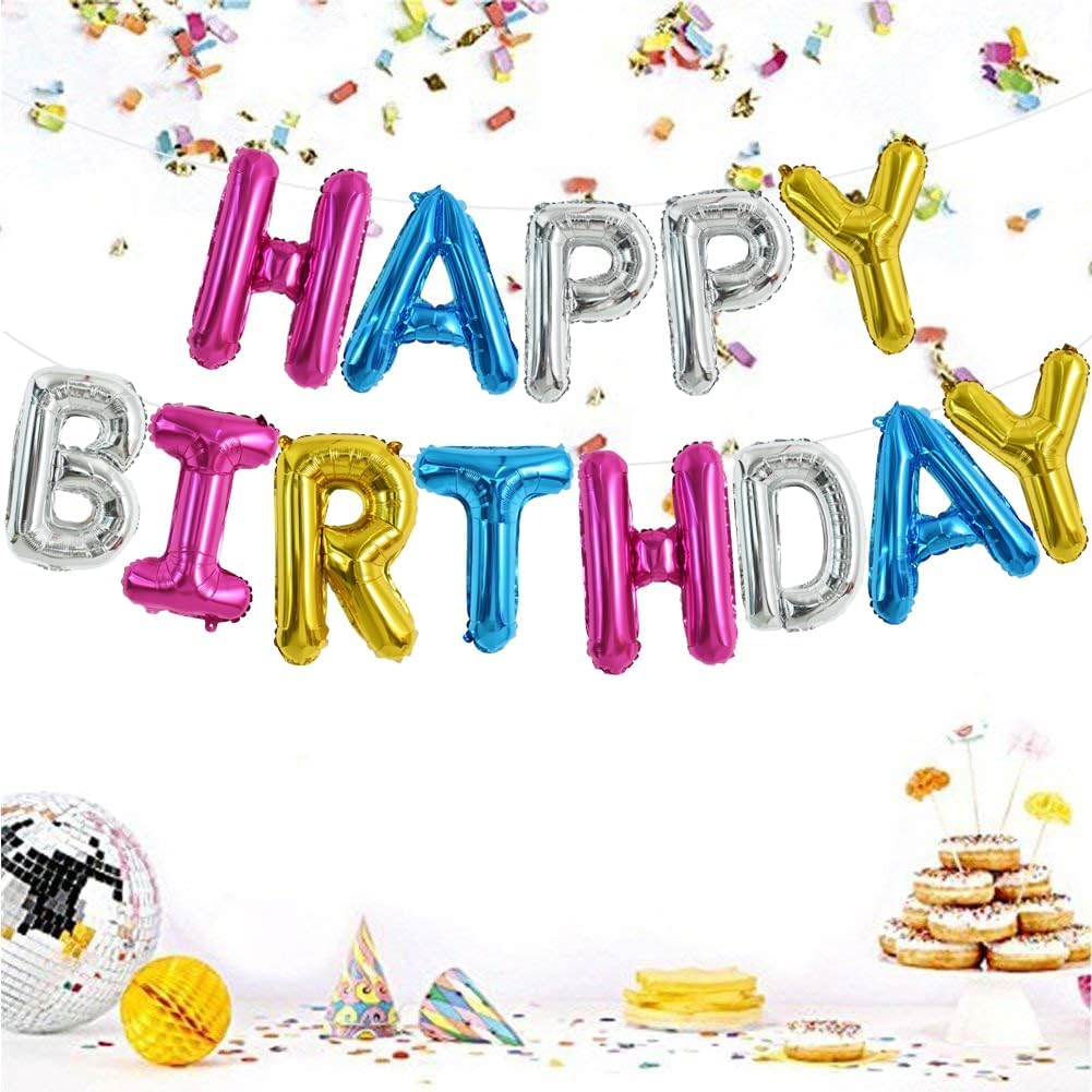 TONIFUL 16 Inch Happy Birthday Foil Letter Balloons Rainbow Banner – Reusable Party Decoration