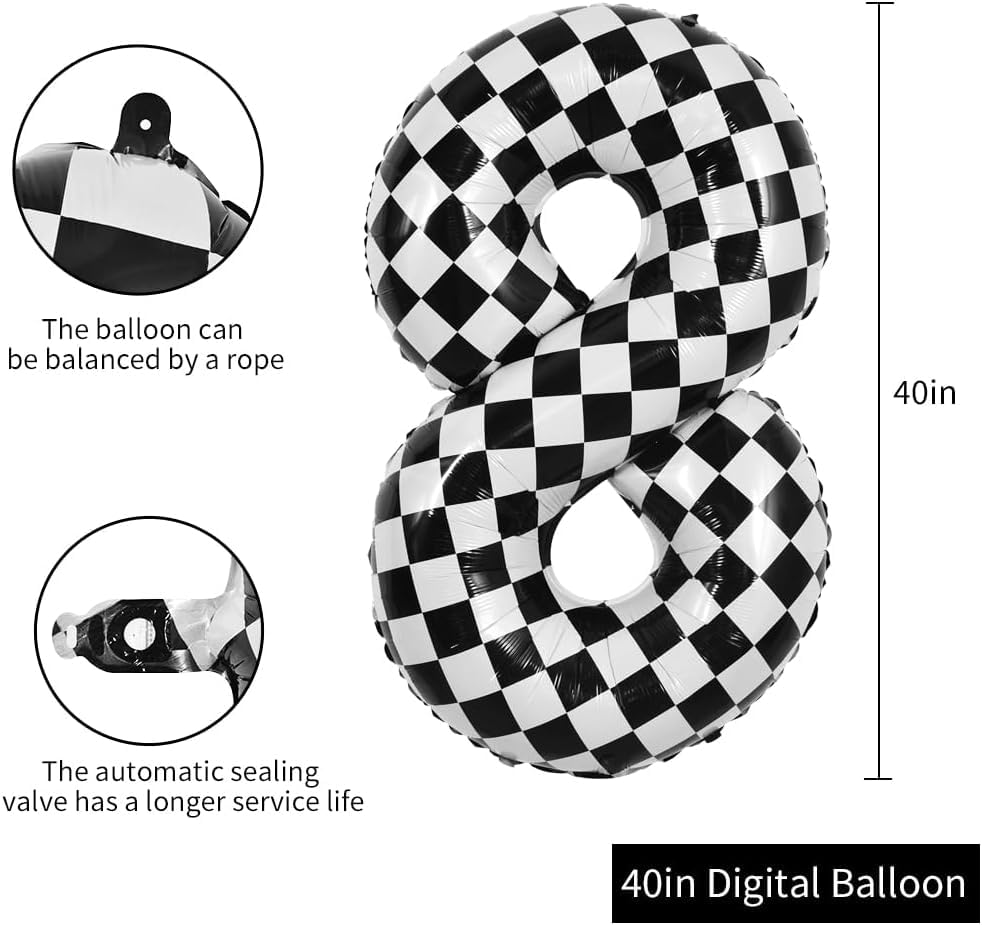 TONIFUL 40-Inch Checkered Number 8 Balloon – Black & White Race Car Birthday Decor
