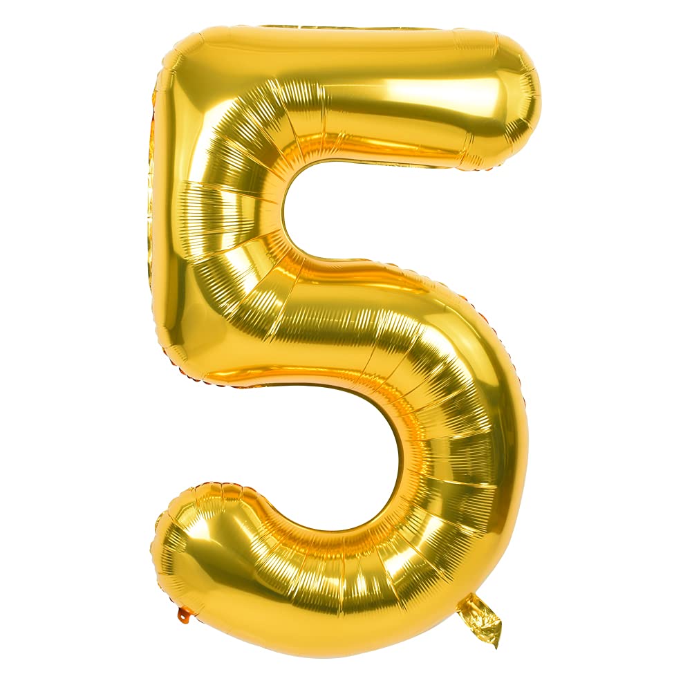 TONIFUL 40-Inch Gold Number Balloon 5 – Large Foil Mylar Digit Balloon for Graduation, New Year, Birthday