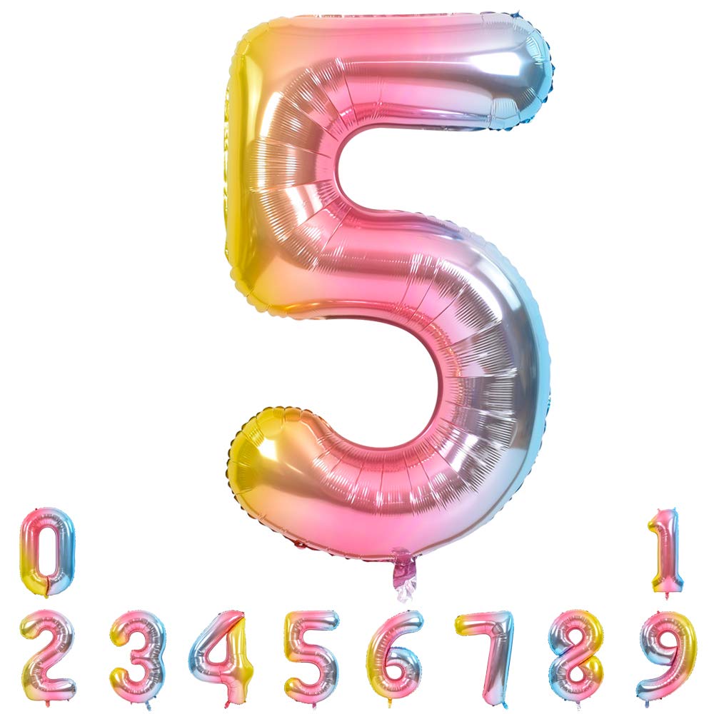 TONIFUL 40-Inch Rainbow Number Balloon 5 – Large Foil Birthday Decor