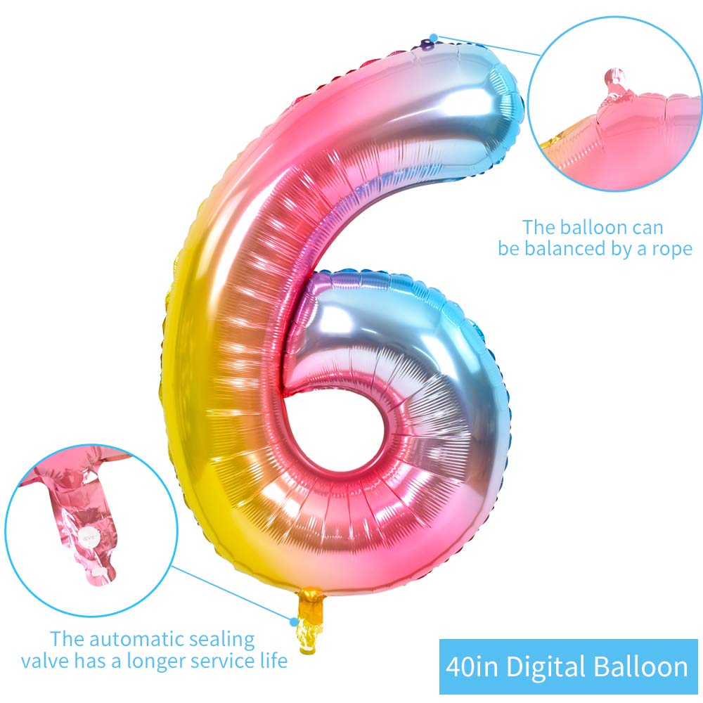 TONIFUL 40 Inch Rainbow Number Balloon 6 – Large Foil Mylar Balloon for Birthday & Event Decor
