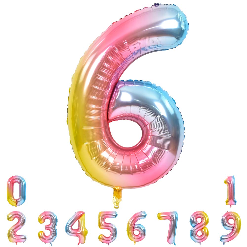 TONIFUL 40 Inch Rainbow Number Balloon 6 – Large Foil Mylar Balloon for Birthday & Event Decor