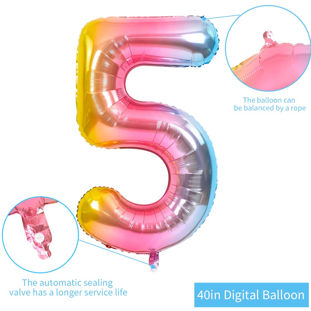TONIFUL 40-Inch Rainbow Number Balloon 5 – Large Foil Birthday Decor