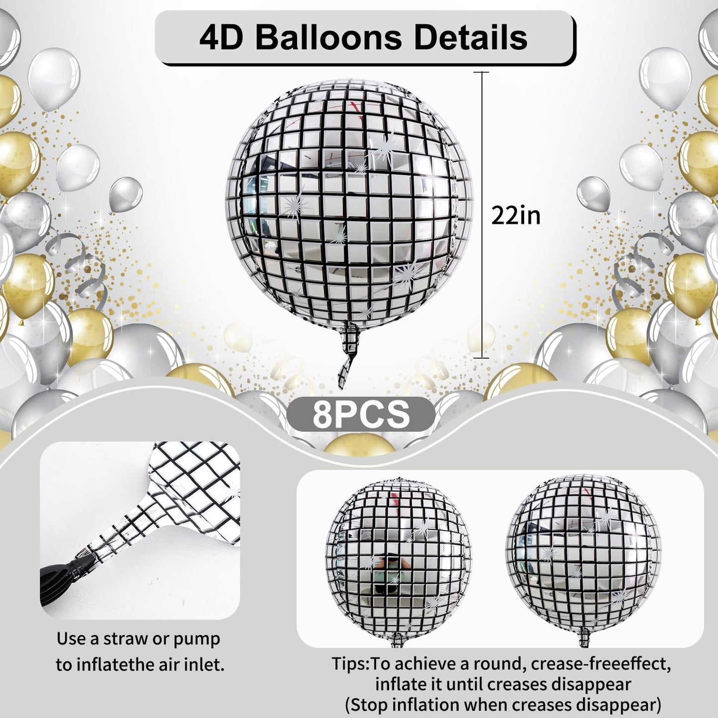 TONIFUL 8Pcs 22inch Large 4D Silver Disco Foil Balloons – Party Decor
