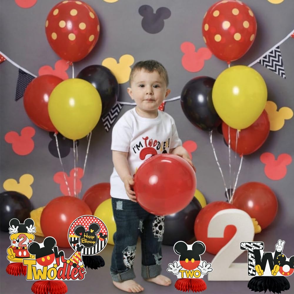 TONIFUL 8-Pack Two-Theme Mouse Honeycomb Centerpieces for 2nd Birthday – Red, Black & Yellow Table Decor