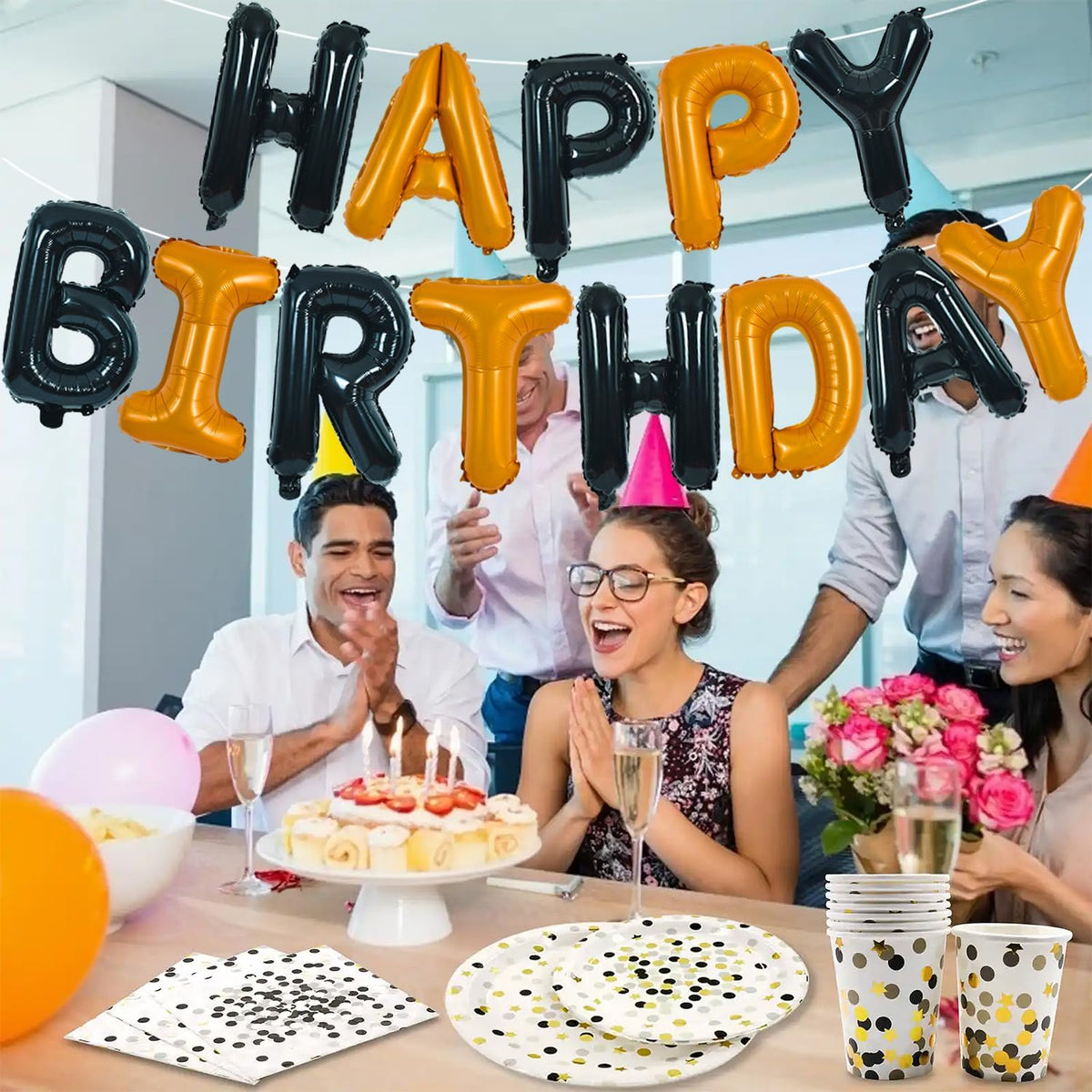 TONIFUL 16-Inch Black & Orange Happy Birthday Foil Letter Balloons Banner – Auto-Seal Mylar Letters for Parties