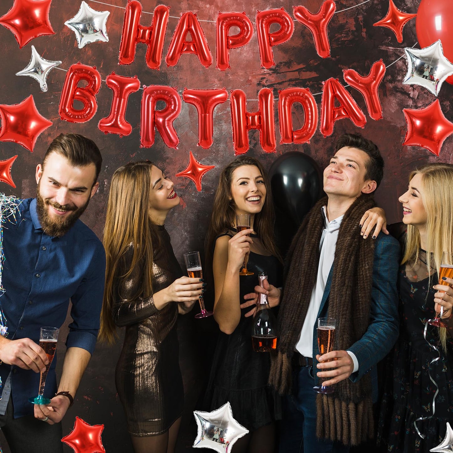TONIFUL 35PCS Red Happy Birthday Decorations Kit — 16-Inch Balloon Banner + Star Balloons