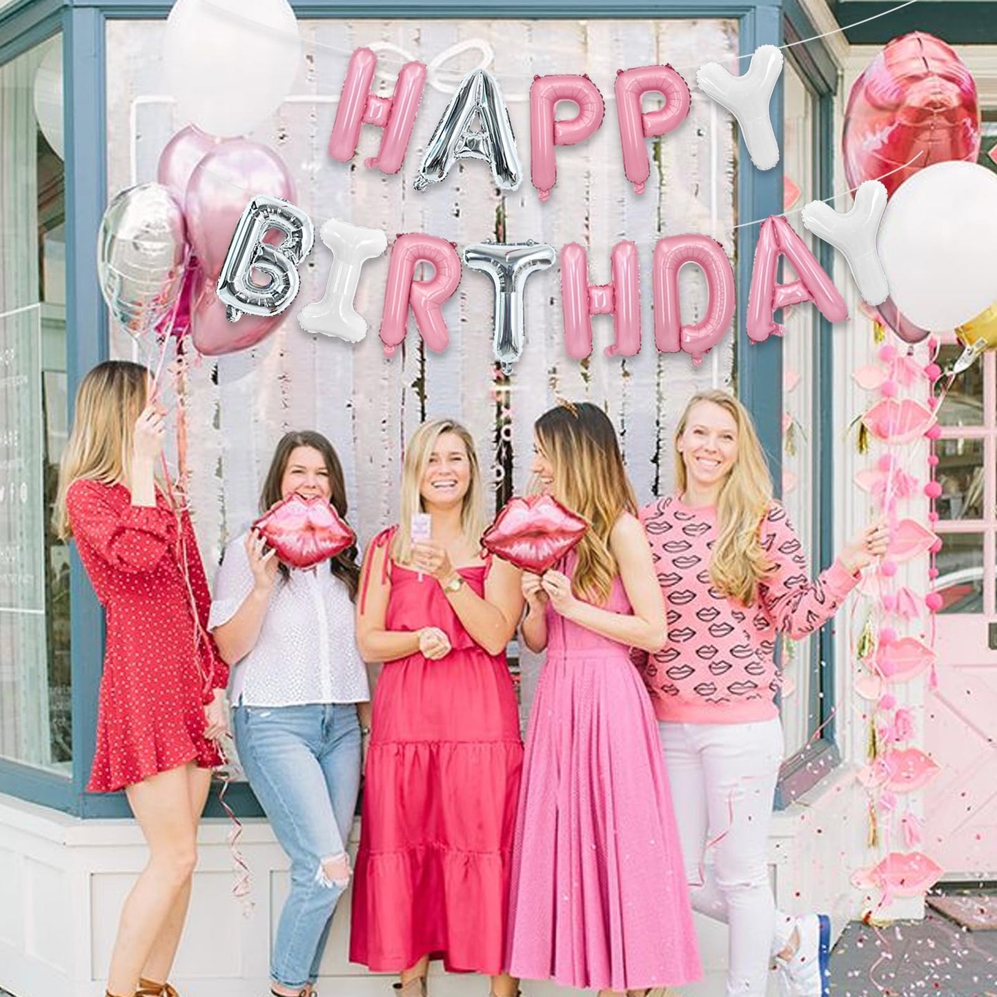TONIFUL Happy Birthday Balloons Banner - 16-Inch Mylar Foil Letters, Reusable Birthday Party Decor (Pink/Silver/White)