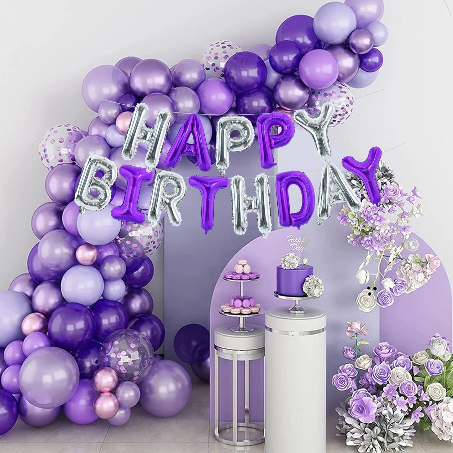 TONIFUL Happy Birthday Foil Letter Balloons – 16in Purple Silver Banner with Ribbon & Straw