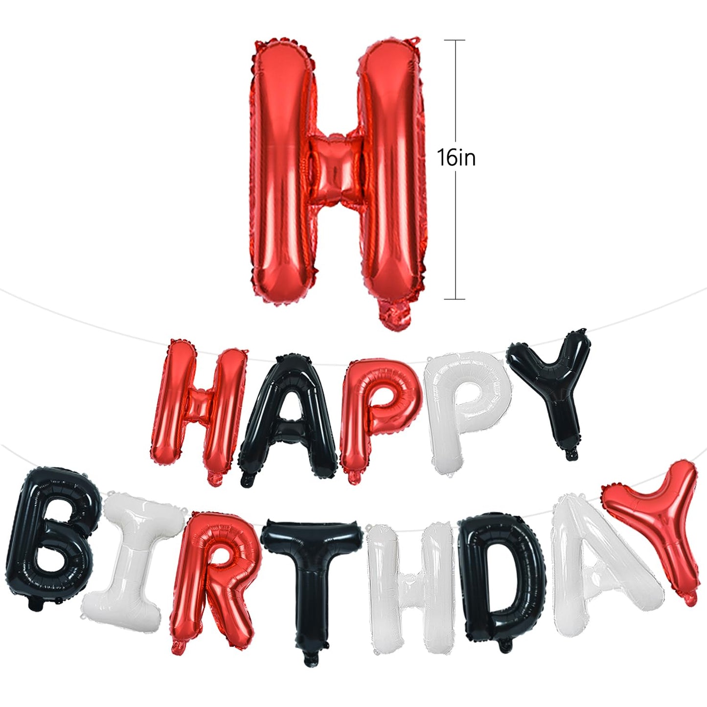 TONIFUL Happy Birthday Balloons Banner with Ribbon Straw – 16-Inch Foil Letter Bunting (Red, Black & White)