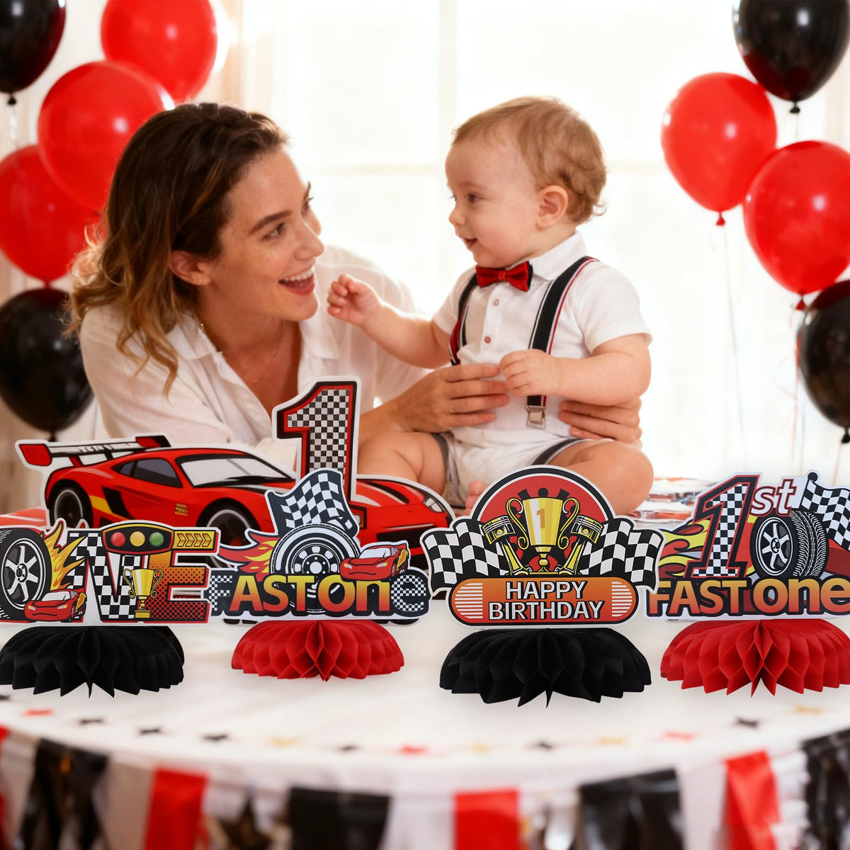 TONIFUL 1st Birthday Race Car Honeycomb Centerpieces – 8 Pack, ONE Letter, Easy Setup