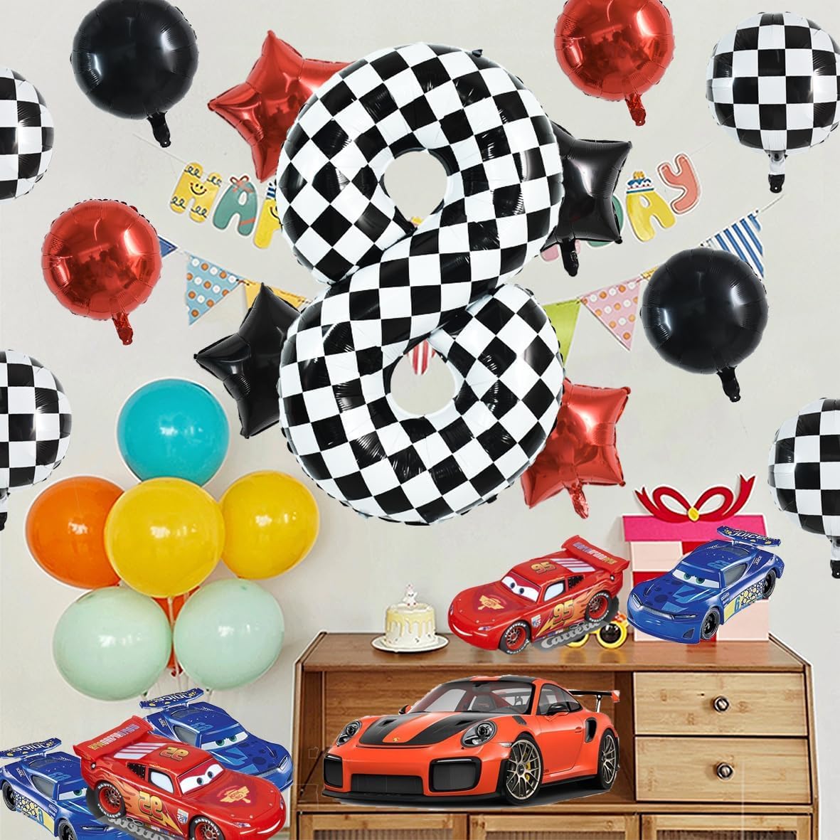 TONIFUL 40-Inch Checkered Number 8 Balloon – Black & White Race Car Birthday Decor