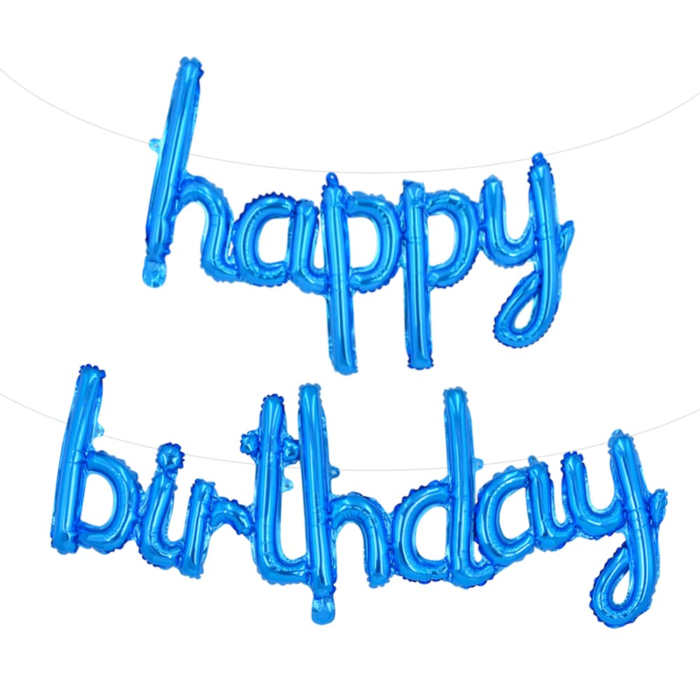 TONIFUL Blue Happy Birthday Banner - 16-Inch Mylar Foil Script Letters, Reusable Party Decor