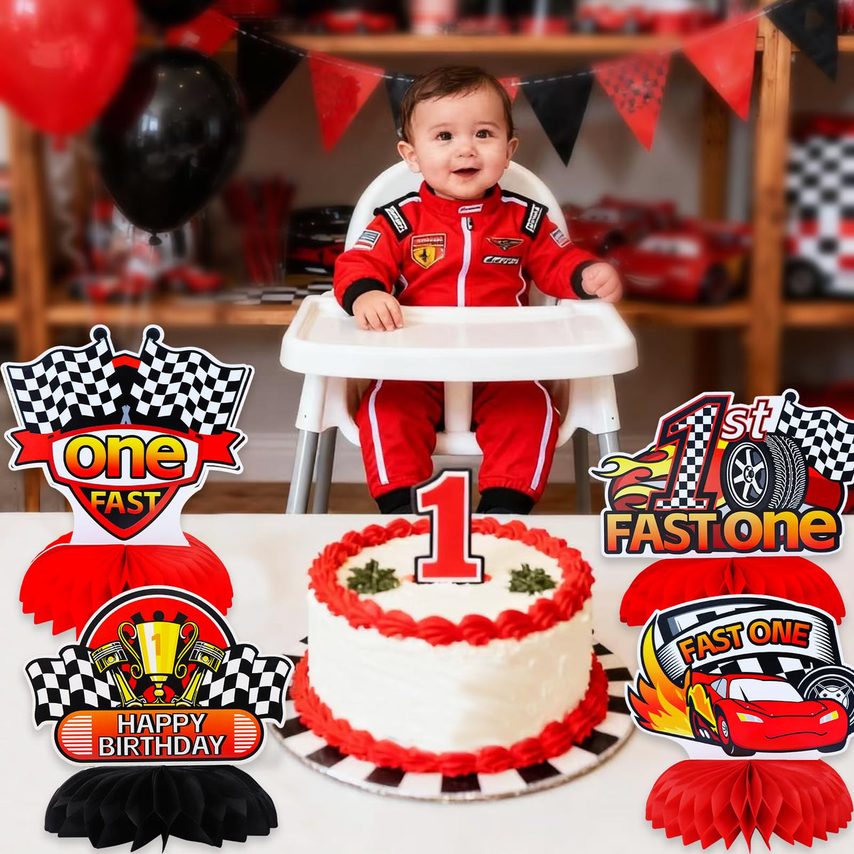 TONIFUL 1st Birthday Race Car Honeycomb Centerpieces – 8 Pack, ONE Letter, Easy Setup