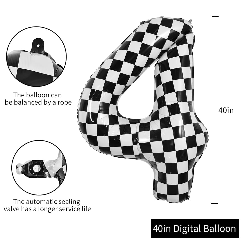 TONIFUL 40-Inch Checkered Number 4 Balloon – Black & White Race Car Birthday Decor