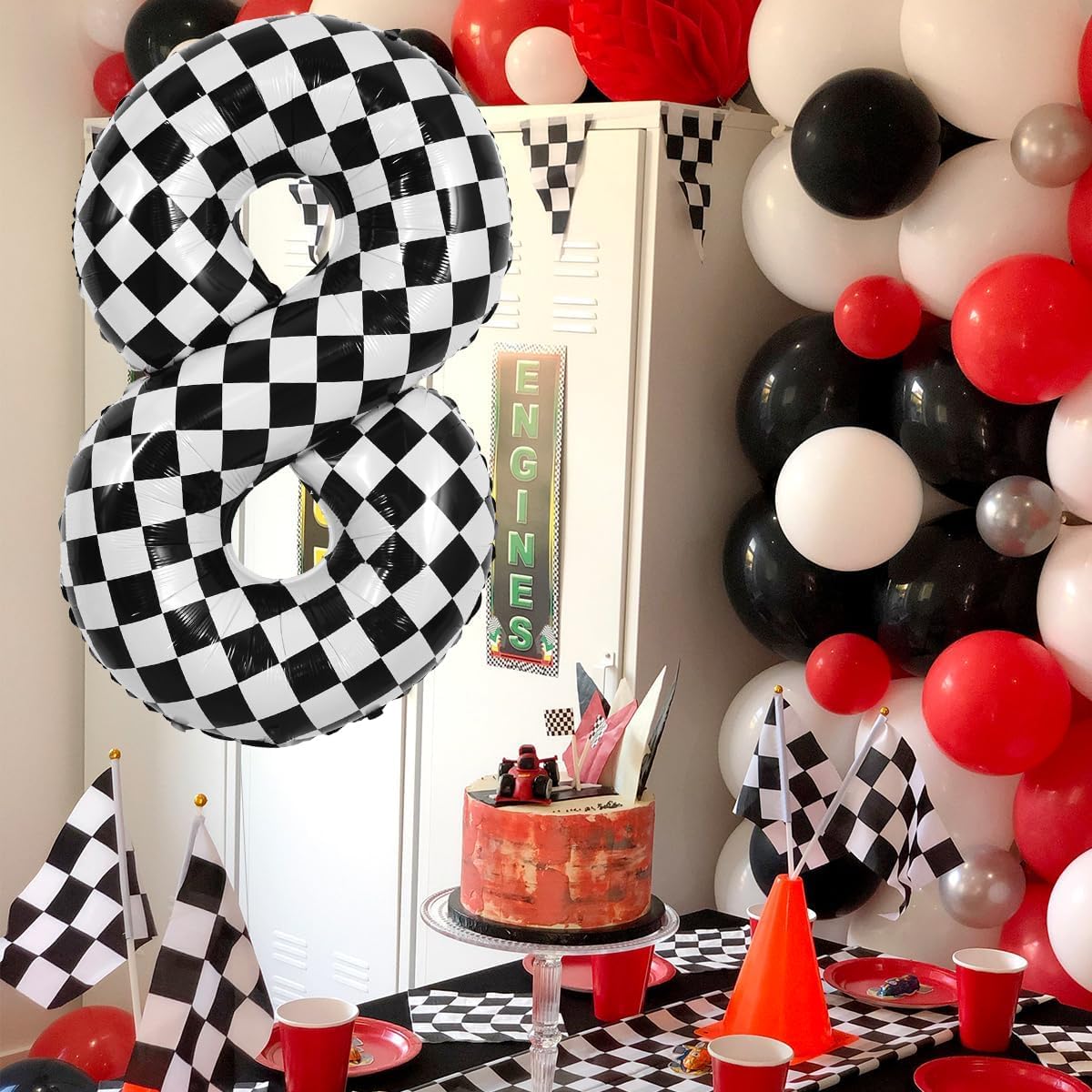 TONIFUL 40-Inch Checkered Number 8 Balloon – Black & White Race Car Birthday Decor