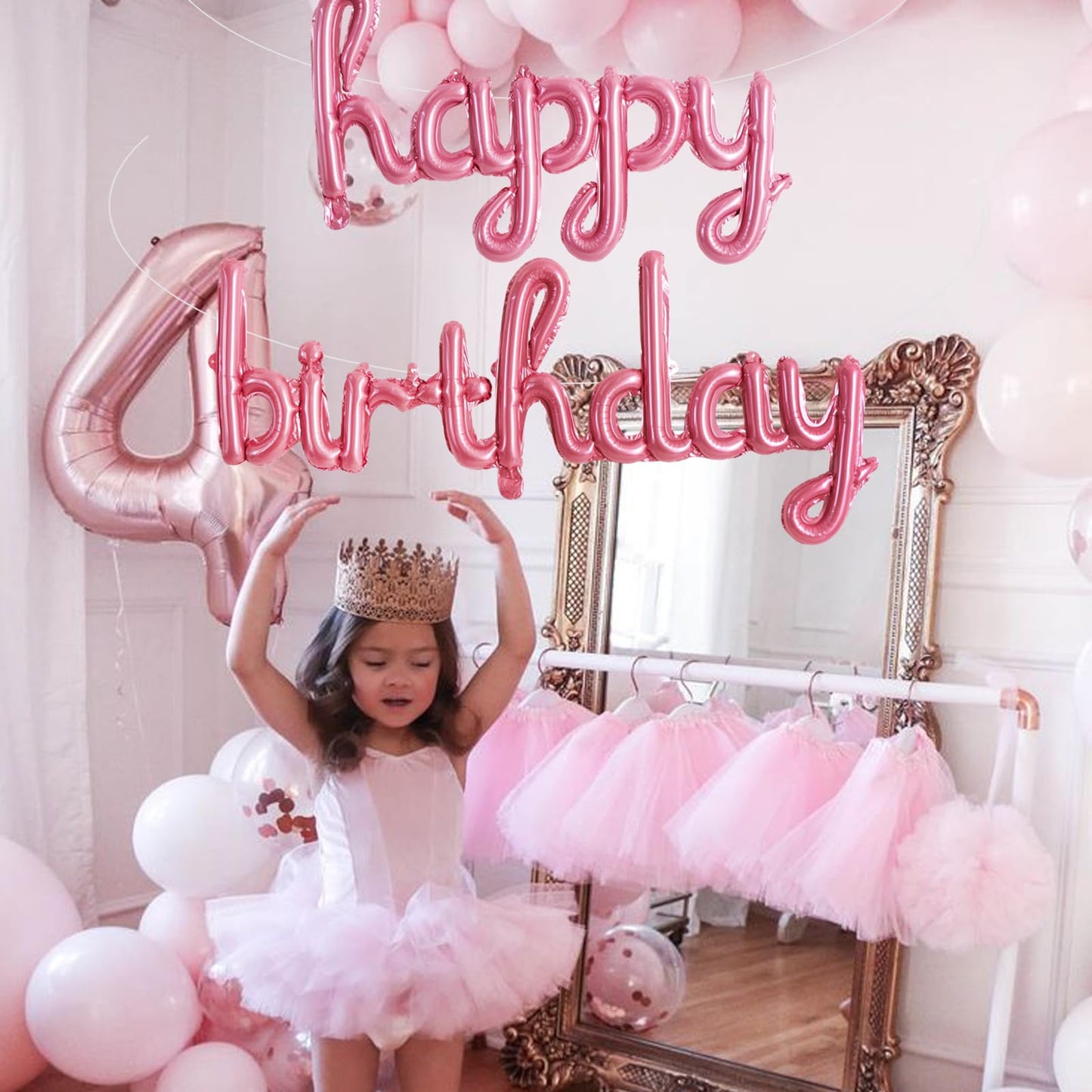 TONIFUL Pink Happy Birthday Balloons – 16-Inch Foil Script Banner, Reusable Party Decor