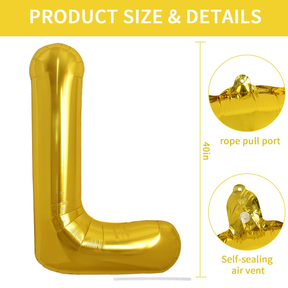 TONIFUL 40 Inch Gold Letter L Balloon – Large Foil Helium Balloon for Birthday & Party Decor