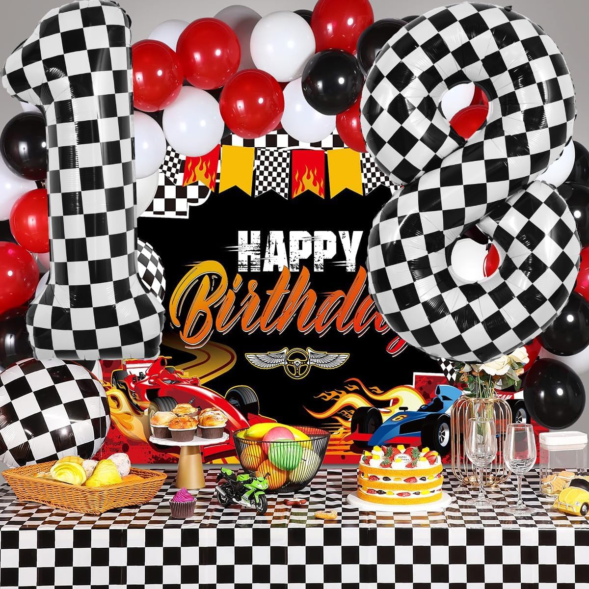 TONIFUL 40-Inch Checkered Number 8 Balloon – Black & White Race Car Birthday Decor