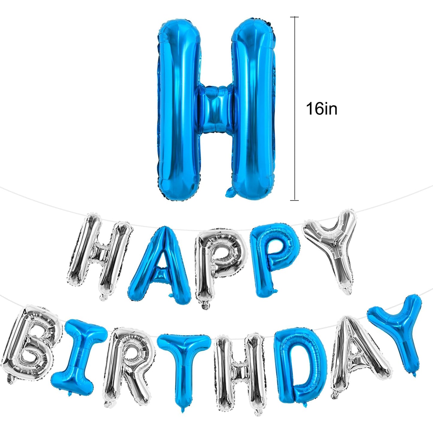 TONIFUL Happy Birthday Balloons Banner - 16 Inch Navy Blue & Silver Mylar Foil Letters | Reusable Party Decor