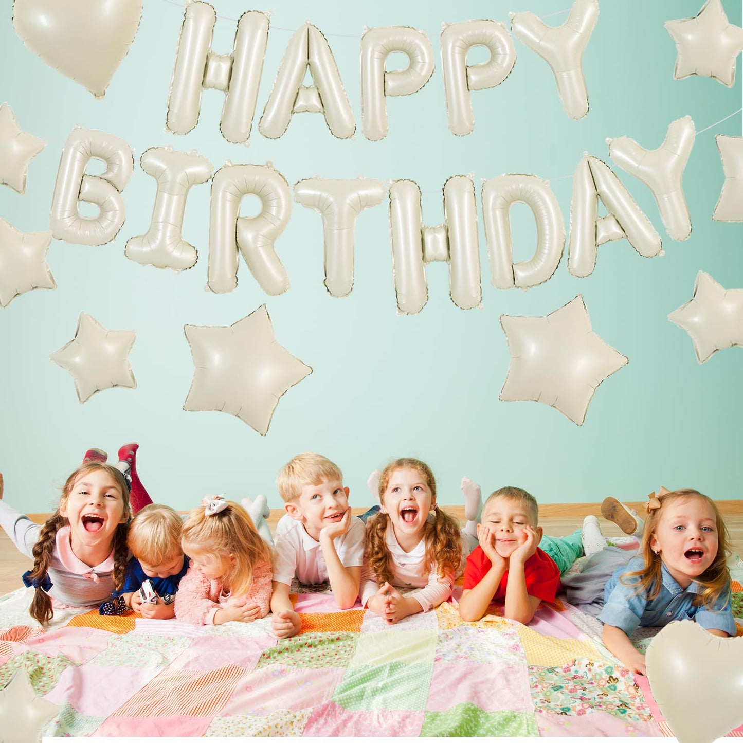 TONIFUL 31PCS Cream White Happy Birthday Decorations – 16in Letter Banner, Star & Heart Foil Balloons