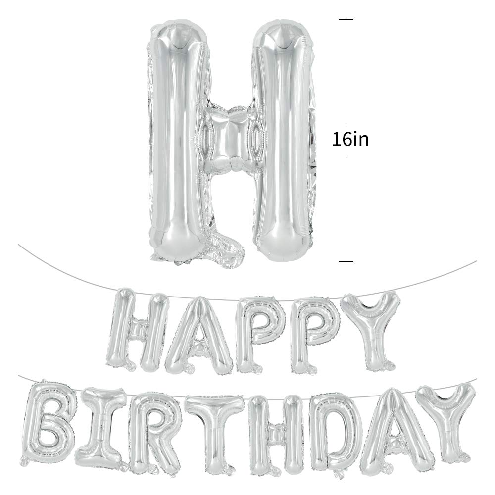 TONIFUL Silver Happy Birthday Banner - 16-Inch Foil Letter Balloons, Reusable Party Decor