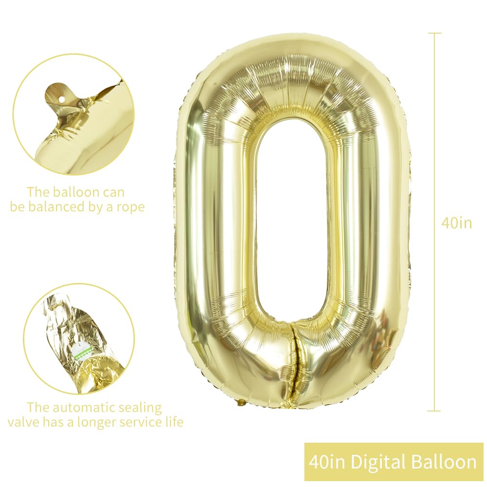TONIFUL 40-Inch Light Gold Number Balloon 0 – Foil Mylar Big Digit for Parties