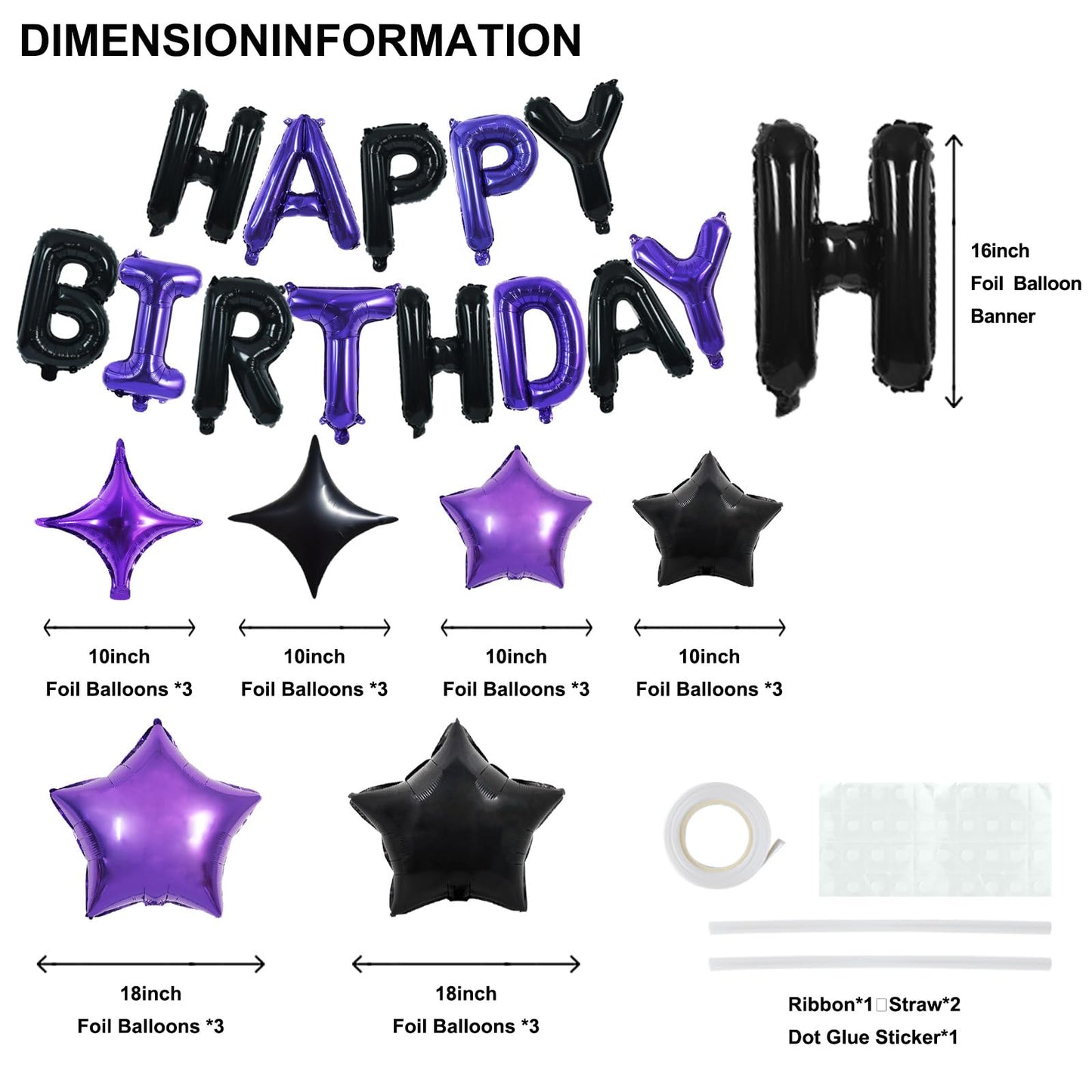 TONIFUL 35PCS Black Purple Happy Birthday Decorations Kit – 16 Inch Letter Balloons & Banner
